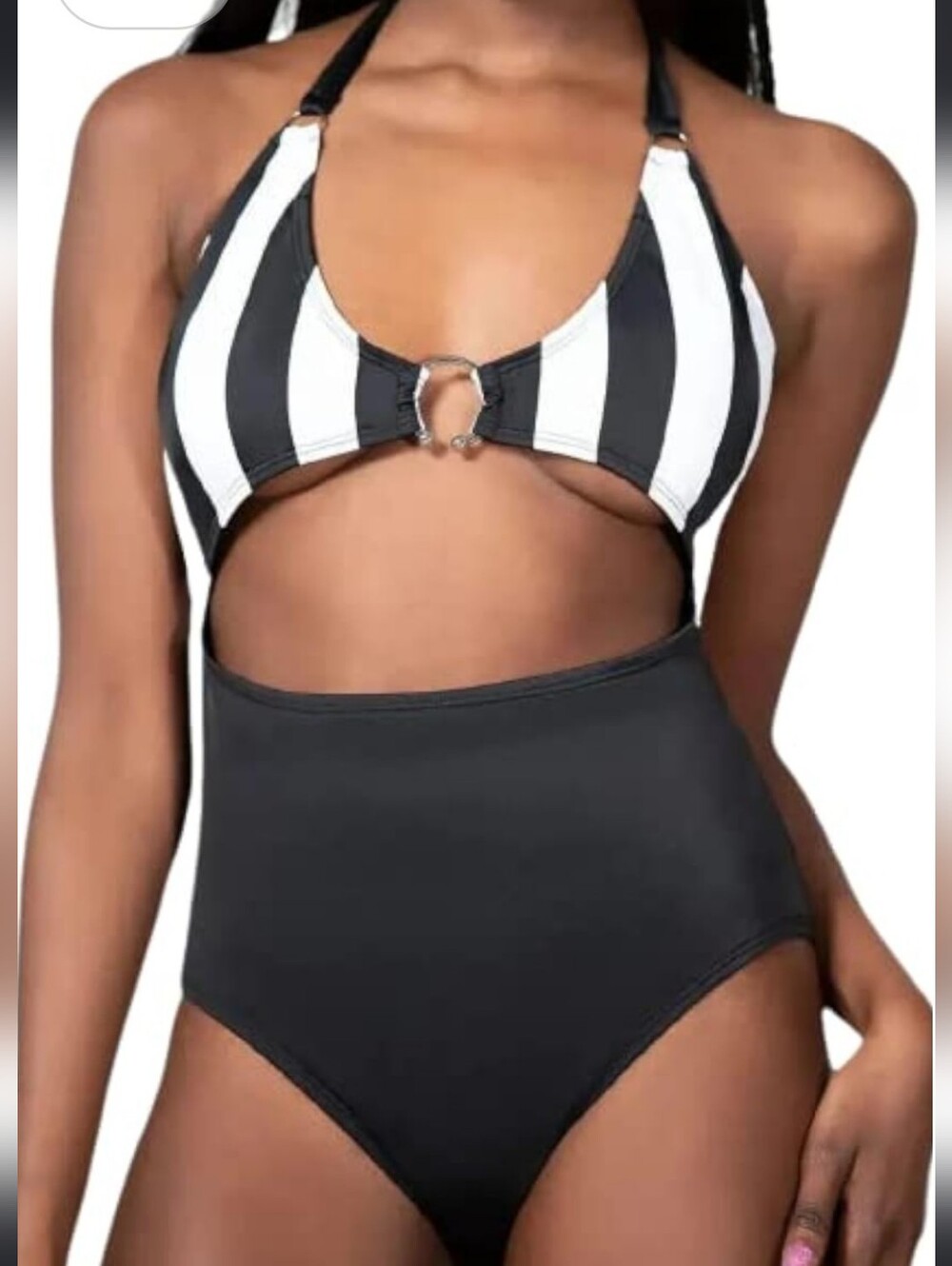 Killstar Black and White Striped Cutout One-Piece Swimsuit